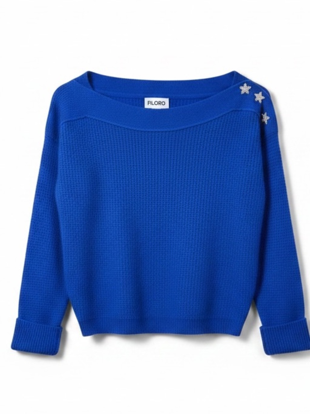 FILORO 2 Ply 100% Cashmere Sweater Royal Blue Quiet Luxury Rhinestone Star Sz S